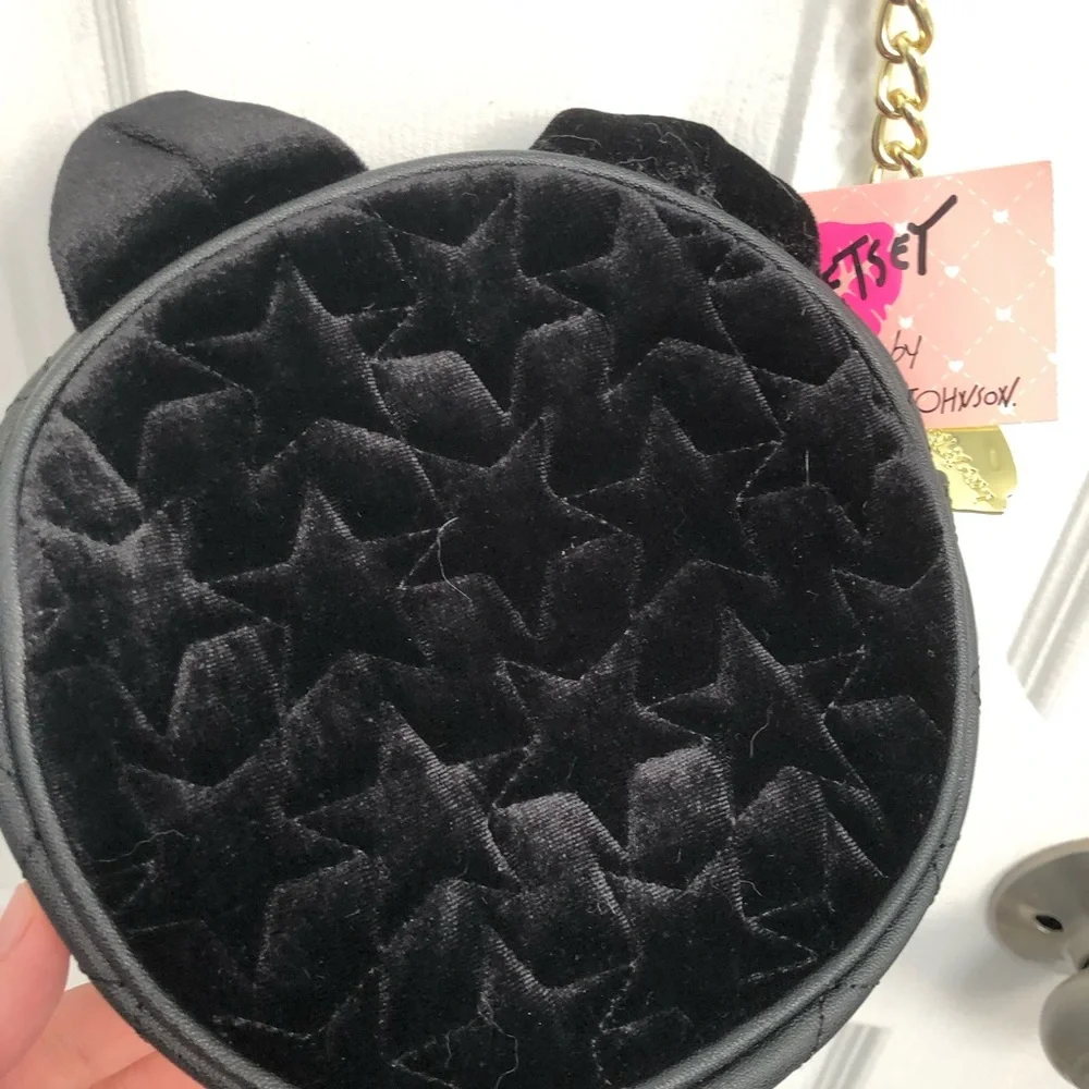 Luv Betsey Johnson Quilted Black Cat Star Velvet Crossbody Purse LBAVA FLAWS